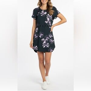 Giamba Floral Studded Grommet Mini Dress Short Sleeve Curves Hem Black Purple L